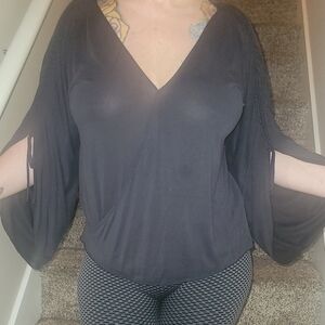 NWOT Free People Surplus Black Top With Ruched Sleeves